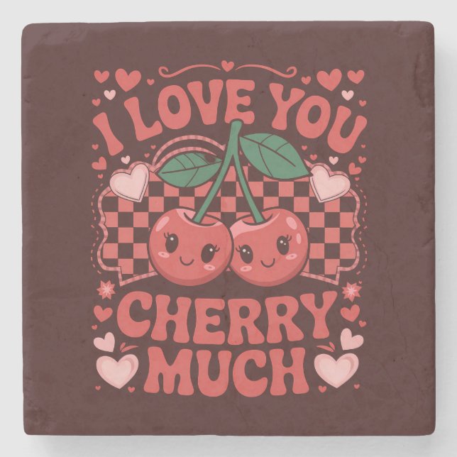 Posavasos De Piedra Te Amo Cereza Mucho Groovy Cute Fruit Valentín (Anverso)