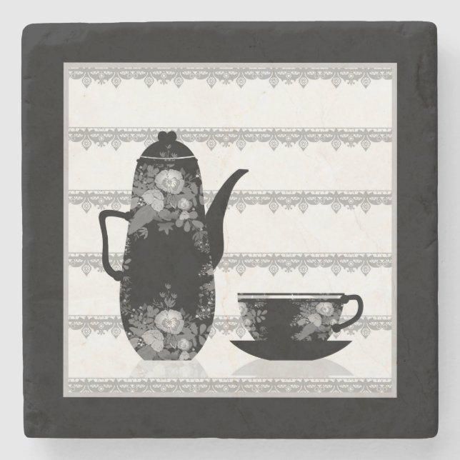 Posavasos De Piedra Té café taza de café ilustracion blanco negro retr (Anverso)