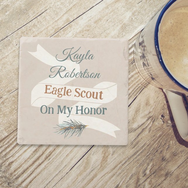 Posavasos De Piedra Teal Green, Copper, Beige Eagle Scout, On My Honor (teal green copper eagle scout court of honor, rustic pine needles, personalized gift coaster)