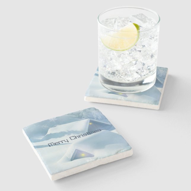 Posavasos De Piedra Techos cubiertos de nieve brillante (Lateral)