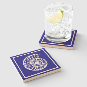 Posavasos De Piedra Tema Náutico Concha marina azul y blanca hermosa