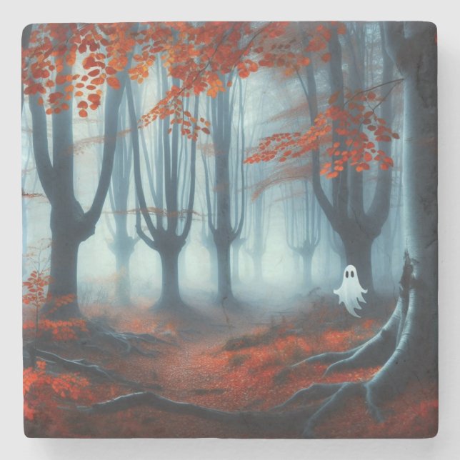 Posavasos De Piedra Tembloroso bosque de otoño con un fantasma (Anverso)