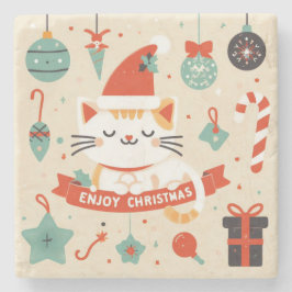 Posavasos De Piedra Temporada de Navidades Cute Cat Enjoy