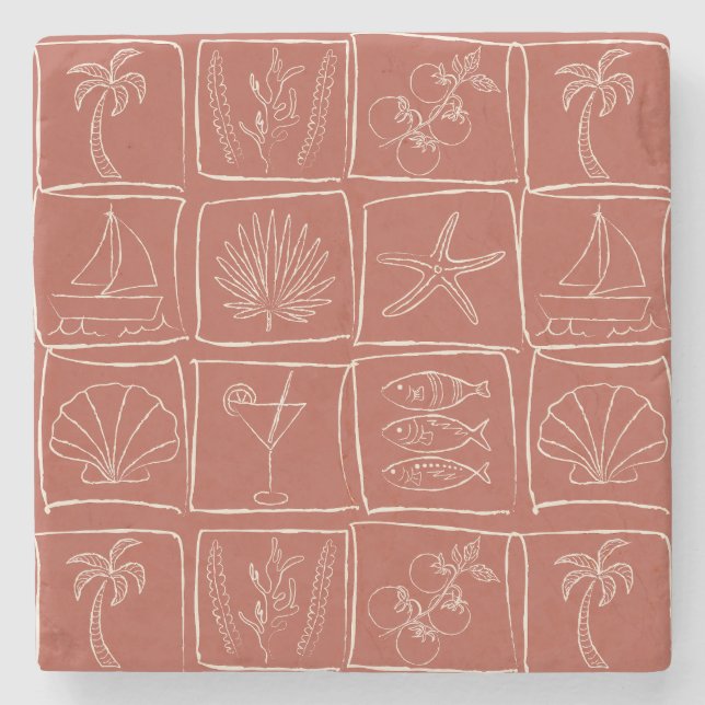 Posavasos De Piedra Terracota de Baldosa Falsa Mediterránea Dibujada a (Anverso)