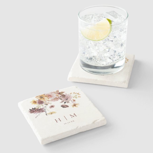 Posavasos De Piedra Terracotta Caída Monograma Floral Boda (Lateral)