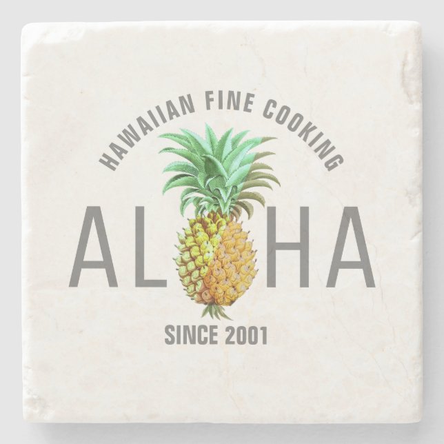 Posavasos De Piedra Texto de Aloha con diseño tropical de piña (Anverso)