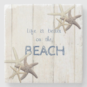 Posavasos De Piedra Textura de Madera Adorable, Estrella de Mar, Playa