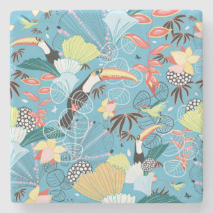 Posavasos De Piedra Textura tropical con Toucans y los colibríes
