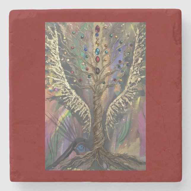 Posavasos De Piedra Th Divine Tree Of Life celestial wings and jewels  (Anverso)