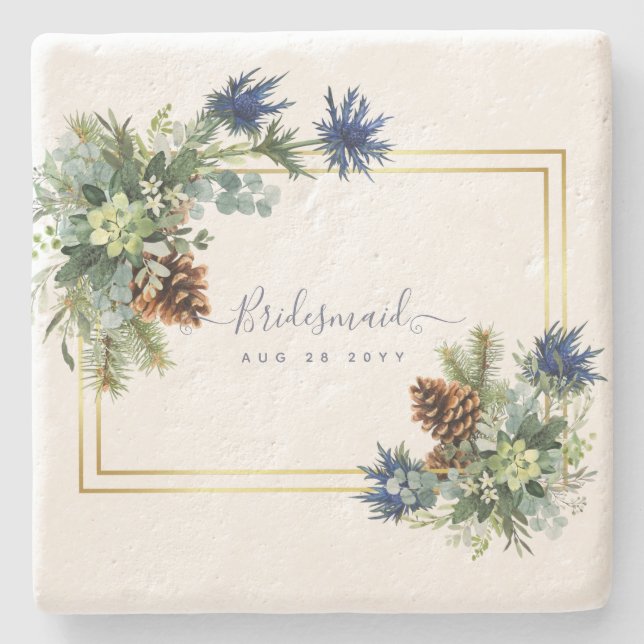 Posavasos De Piedra Thistle azul invernal Eucalyptus Boda Wonderland (Anverso)