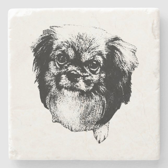 Posavasos De Piedra Tibetan Spaniel Coaster – Monochrome Dog Art (Anverso)