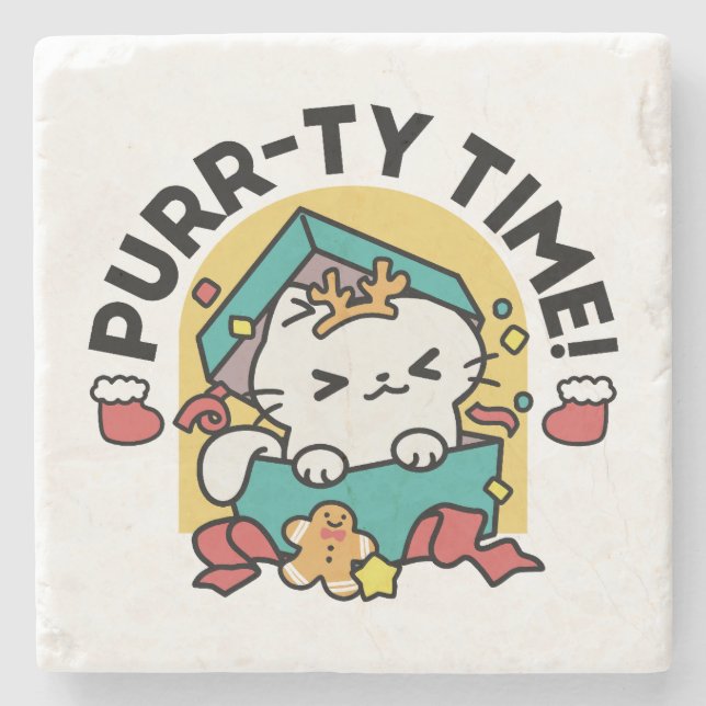 Posavasos De Piedra ¡Tiempo de espera! - Diseño de Navidades gatos fes (Anverso)