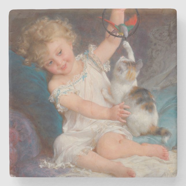 Posavasos De Piedra Tiempo de juego: Chica jugando con su Mascota Kitt (Anverso)