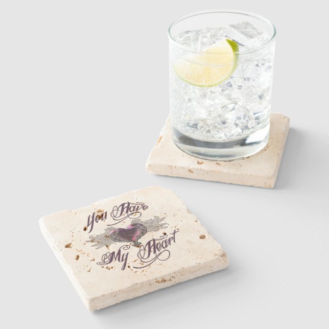 Posavasos De Piedra Tienes Mi Corazón Rosa (Lateral)