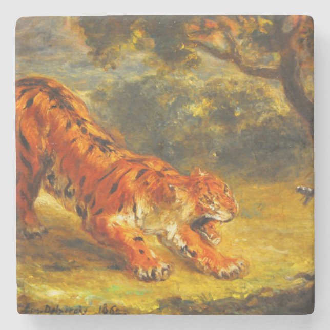 Posavasos De Piedra Tigre salvaje y serpiente (arte animal) (Anverso)