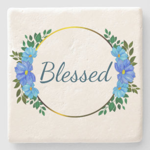 Posavasos De Piedra Tipografía con bendición floral Texto azul Simple