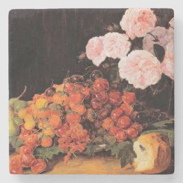 Posavasos De Piedra Todavía la vida con Rosas, fresas y pan