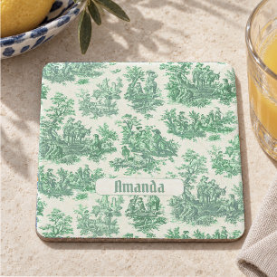 Posavasos De Piedra Toile de Jouy monograma floral verde vintage