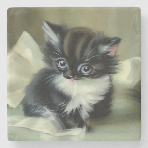 Posavasos De Piedra Tonga de gatito blanco y negro vintage