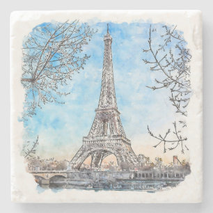 Posavasos De Piedra Torre Eiffel París Francia color de agua dibujada 