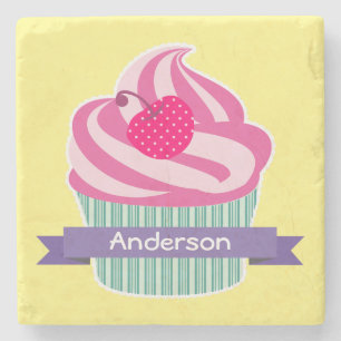 Posavasos De Piedra Torta rosa personalizada con cereza de punto de po