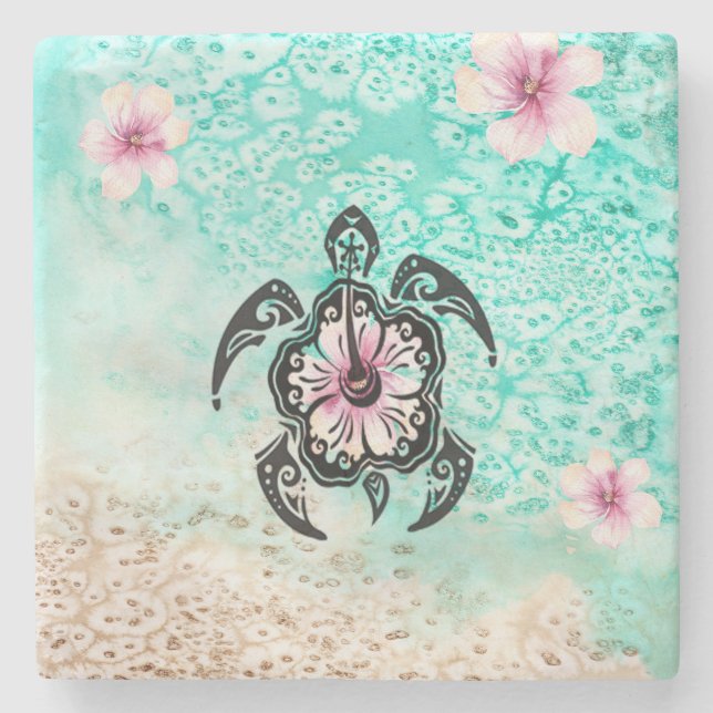 Posavasos De Piedra Tortuga de Hibiscus (Anverso)