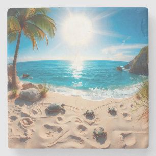 Posavasos De Piedra Tortuga Marina Acuarela Turquesa Costera Zen