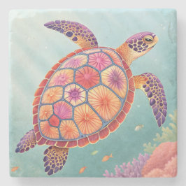 Posavasos De Piedra Tortuga Marina Floral Colorida Bajo el Océano