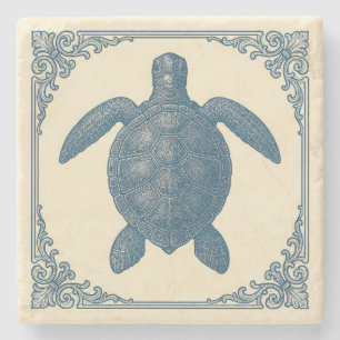 Posavasos De Piedra Tortuga náutica azul vintage