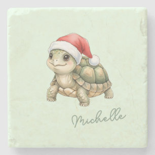 Posavasos De Piedra Tortuga Navidad Acuarela Sombrero de Santa