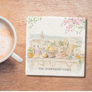 Posavasos De Piedra Toscana Mediterránea Italia acuarela monogramada