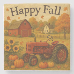 Posavasos De Piedra Tractor clásico de otoño feliz y granja