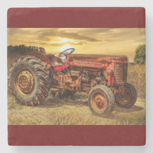 Posavasos De Piedra Tractor de granja rojo de vintage