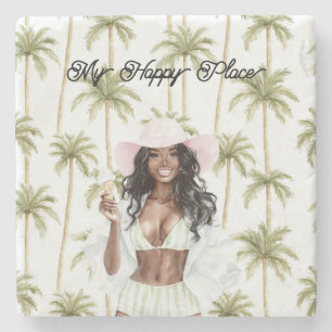 Posavasos De Piedra Traje de baño de señora negra Lugar Feliz Palmeras
