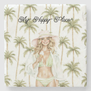 Posavasos De Piedra Traje de baño de señora rubia lugar feliz palmeras