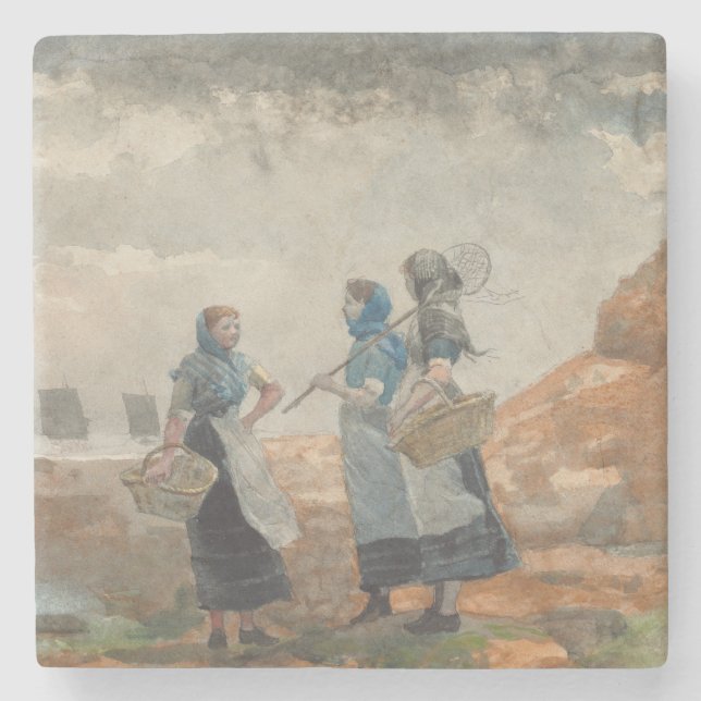 Posavasos De Piedra Tres Chicas de pescadores ingleses (en Tynemouth) (Anverso)