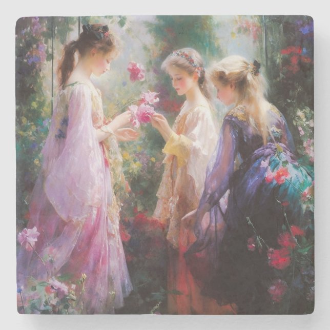 Posavasos De Piedra Tres chicas jugando en el jardín (Anverso)