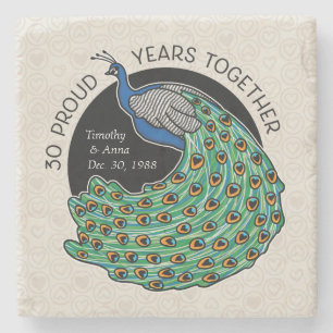 Posavasos De Piedra trigésimo Aniversario, pavo real y corazones de