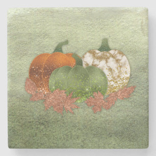 Posavasos De Piedra Trío de calabazas con hojas de otoño de cobre