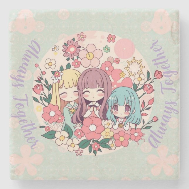 Posavasos De Piedra Trio Kawaii - Chicas de anime y vibraciones floral (Anverso)