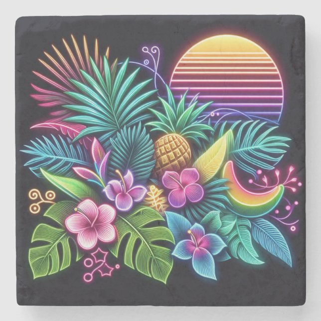 Posavasos De Piedra Tropical neón colorido/hawaiano (Anverso)