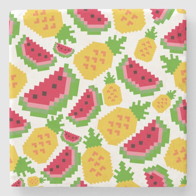 Posavasos De Piedra Tropical Watermelon and Pineapple Pixel Pattern (Anverso)