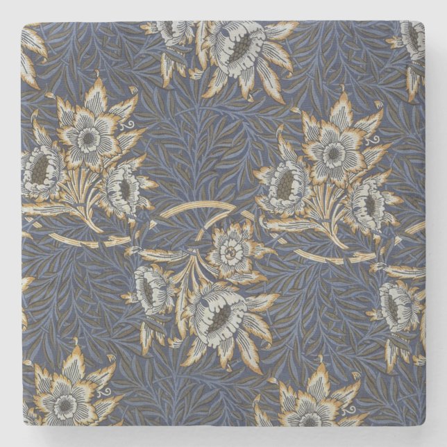 Posavasos De Piedra Tulipán de sauce patrón azul floral de William Mor (Anverso)