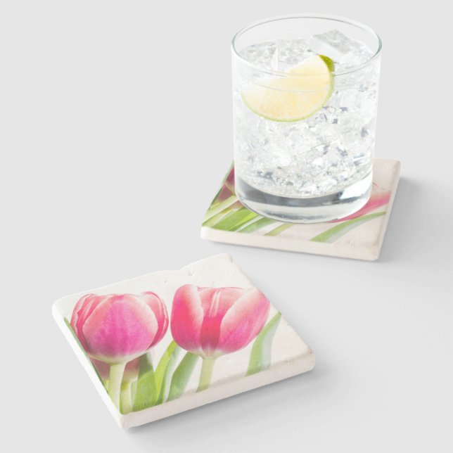 Posavasos De Piedra Tulipanes rosados con foto de hojas verdes (Lateral)