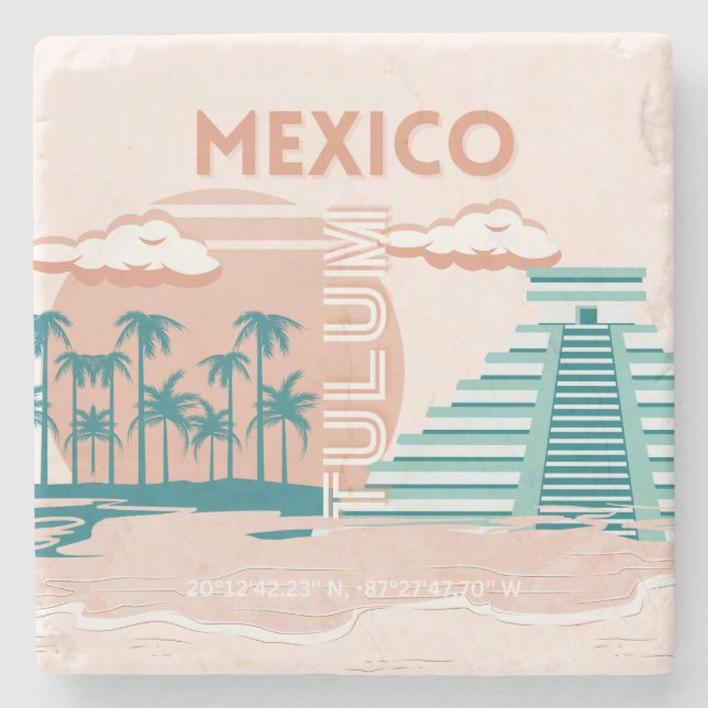 Posavasos De Piedra Tulum, México, arte de viajes, retro (Anverso)