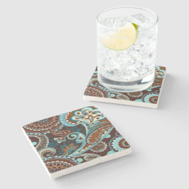 Posavasos De Piedra Turquesa Marrón Vintage Paisley