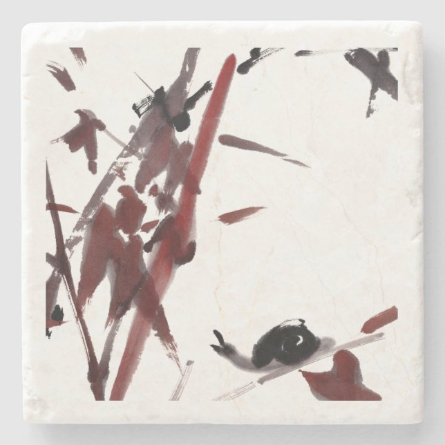 Posavasos De Piedra Tuschekunst mit Schnecke und Rotem Bambus (Anverso)