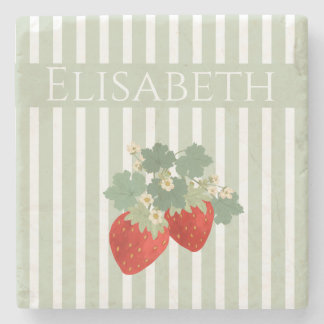 Posavasos De Piedra Two Red Strawberries Stripes & Flowers | Fruit