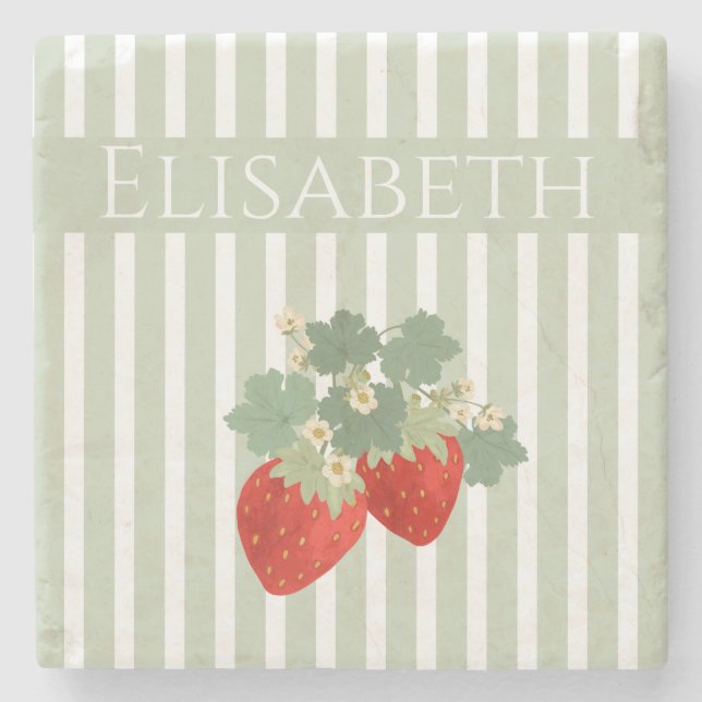 Posavasos De Piedra Two Red Strawberries Stripes & Flowers | Fruit (Anverso)