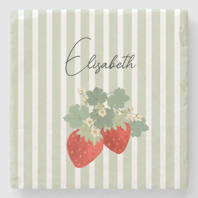 Posavasos De Piedra Two Red Strawberries Stripes & Flowers | Fruit (Anverso)